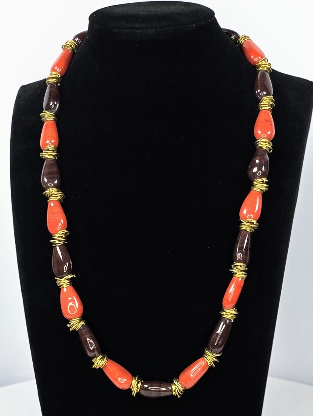 Boho Beaded Necklace Orange Brown Gold Tone Statement Artisan Style EUC
